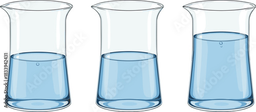 Set of three laboratory beakers with blue water at different levels illustrating volume and liquid capacity.