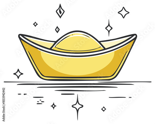 Illustrated gold ingot with sparkles, symbol of wealth and prosperity, Asian cultural element.