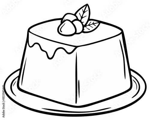 Panna cotta dessert illustration with sauce, leaves, and toppings on plate. Black and white coloring page or outline.