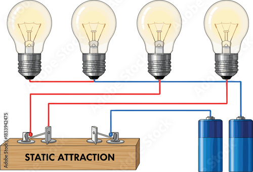 echnical diagram of open parallel circuit with four bulbs, two batteries, switches illustrating static attraction