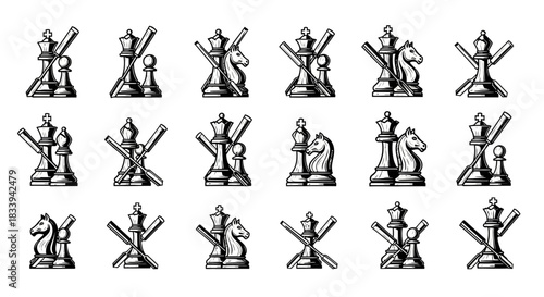 Elegant vector chess pieces illustration, depicting strategy and competition with detailed