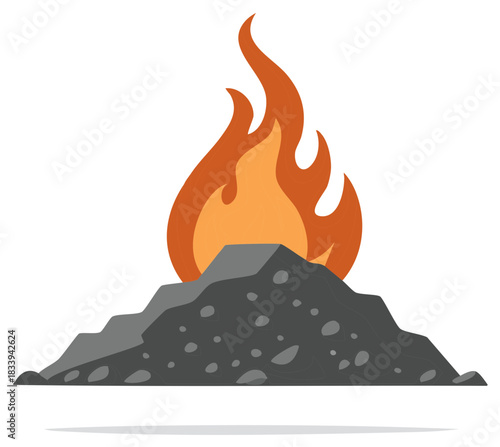 Heap of coal burning with bright fire flames in a cartoon style illustration