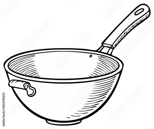 Hand drawn sketch of a wok pan with a long handle and side loop for cooking Asian food