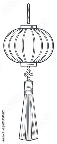 Traditional ornamental hanging lantern with decorative tassel in a black and white line art style