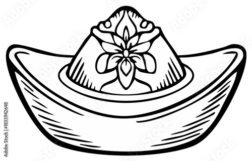 Traditional Chinese Yuanbao Gold Ingot Shape Ornament with Floral Detail Black and White Line Art