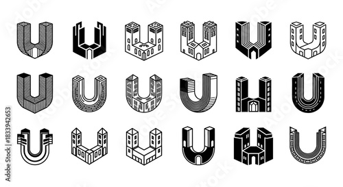 Monochromatic series of abstract initial letter U designs using architectural concepts