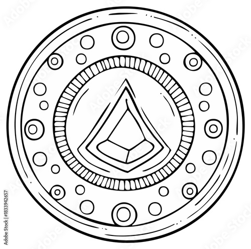 Illustration of a decorative coin with geometric shapes in line art style