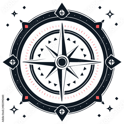 Stylized compass rose with starbursts and directional markers, navigation tool graphic