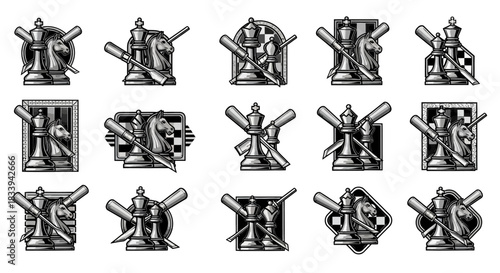 Monochrome chess pieces illustrations on a white background vector art set