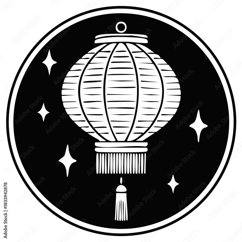 Fototapeta premium Monochrome vector icon of a traditional Chinese lantern with tassel and stars in a circle emblem
