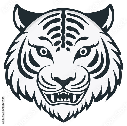 Stylized tiger head illustration with fierce expression and open mouth showing teeth