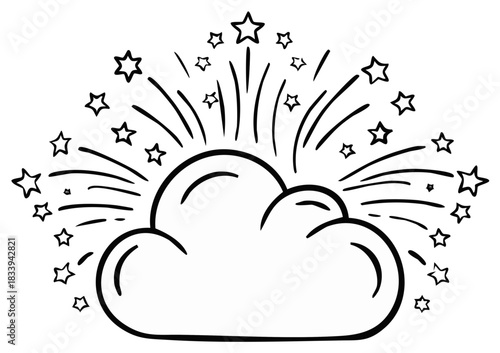 Hand drawn cartoon cloud bursting with shining stars and radiating lines doodle illustration