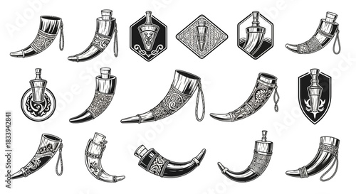 Monochrome viking drinking horn and bottle collection for medieval theme design