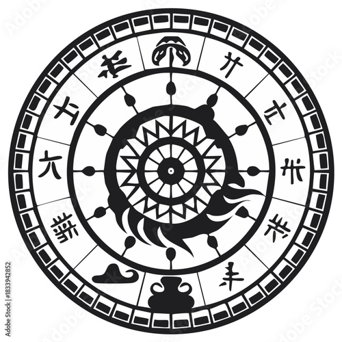 Circular Oriental Symbol with Ancient Script and Decorative Elements