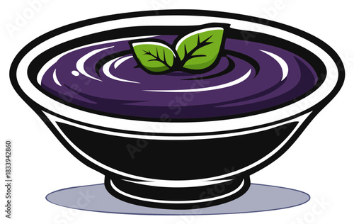 Bowl of purple cream soup or berry smoothie with fresh mint garnish vector illustration