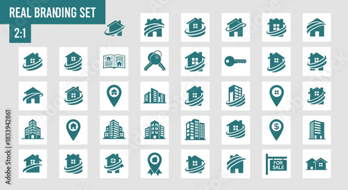 Real estate and property branding icons symbolizing buying selling and investment options