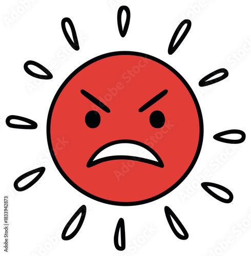 Furious red sun cartoon face with sharp teeth and angry eyes radiating heat