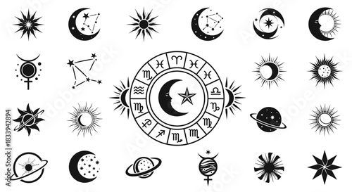 Mystical celestial elements featuring astrological symbols and cosmic illustrations