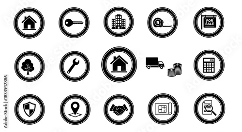 Real estate and home services icon set representing various aspects of property market