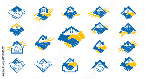 Set of blue and yellow real estate handshake agreement logo concepts for business
