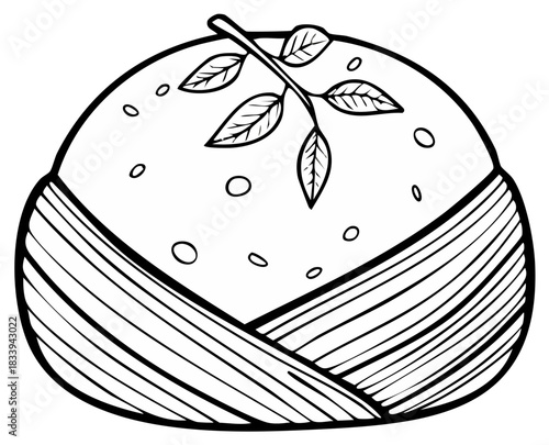 Black and white line art illustration of a decorative round Asian dessert or sweet bun with leaves