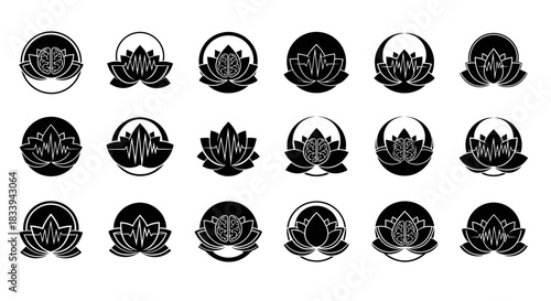 Set of lotus flower vector icons representing concepts like meditation, yoga, and mindfulness for