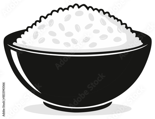 Monochrome vector illustration of a black bowl brimming with fluffy white rice grains