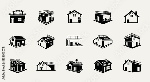 Set of Minimalist Black and White House Icon Illustrations for Real Estate Branding