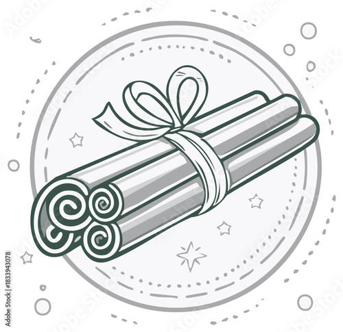 Bundle of cinnamon sticks tied with a ribbon bow in a decorative circle illustration