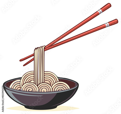 Hand-drawn illustration of bowl of Asian noodles with chopsticks lifting some noodles above the bowl