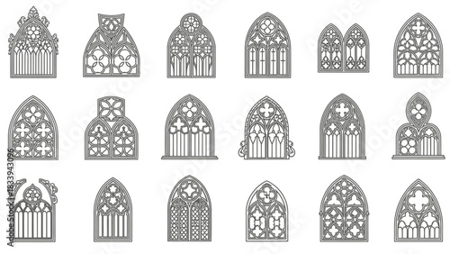 Set of ornate gothic window frame designs with intricate tracery patterns style architecture