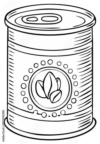 Outline illustration of canned beans, simple metal can with bean design, line drawing