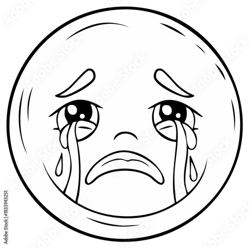 Crying face emoji with large tears black and white coloring page line art