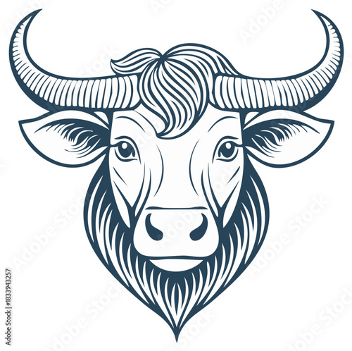 Majestic bull head with powerful horns in a stylized graphic line art illustration