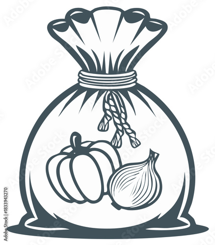 Harvest burlap sack filled with pumpkin and onion farm produce