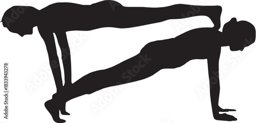 Couple Doing Double Plank Partner Workout Silhouette Vector
