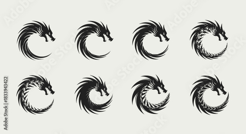 A collection of striking dragon symbol variations, perfect for branding or mythological themes for