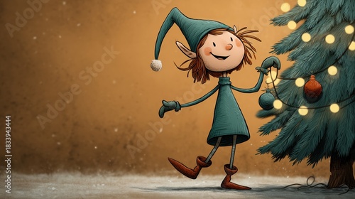 Lutin de No?l joyeux d?corant un sapin illumin? dans la neige