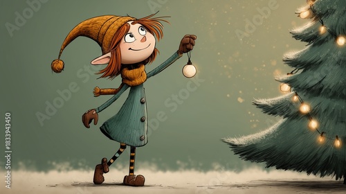 Lutin de No?l d?corant un sapin illumin? avec des boules dor?es