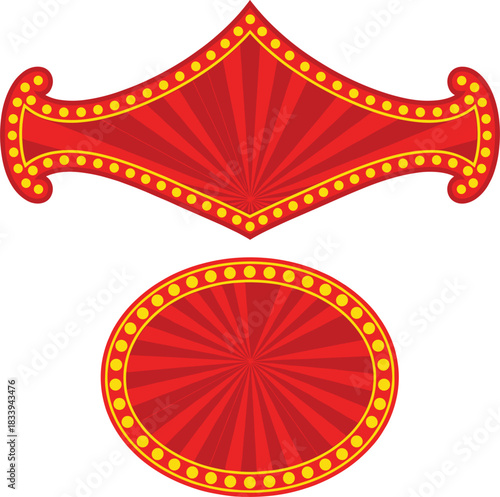 A vibrant vector set of two red retro-style banners, one curved and one oval, illuminated by yellow marquee lights, perfect for circus, theater, casino, and grand opening sign designs.
