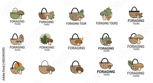 A series of foraging tour logos featuring baskets and various types of mushrooms