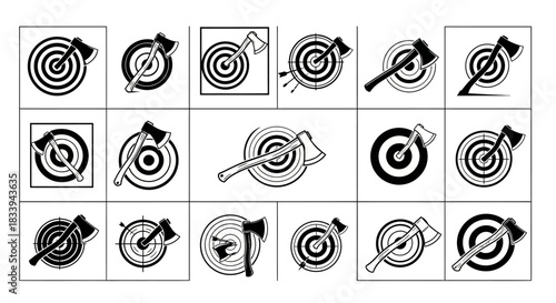 Axe throwing targets collection, vector set featuring various target designs with axes stuck in