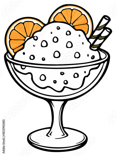Ice cream sundae in a glass with orange slices and wafer rolls, isolated
