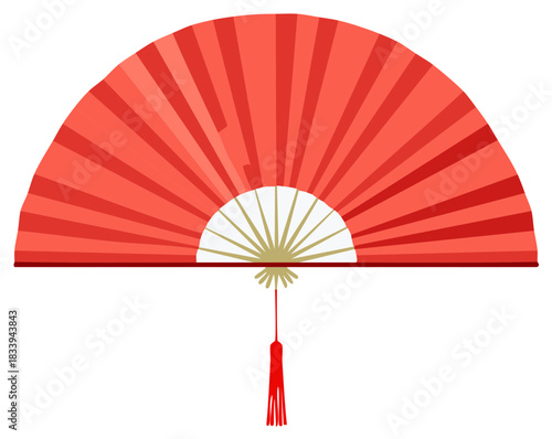 Vibrant red traditional Asian folding hand fan with decorative tassel, widely used for cultural celebrations and artistic decoration