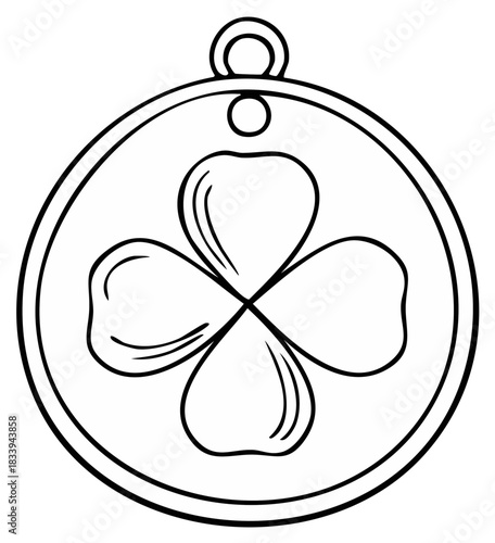 Black and white line drawing of a good luck four leaf clover pendant or charm