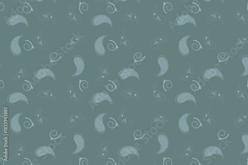 A subtle, tone-on-tone abstract paisley pattern in a muted, dusty blue-gray, offering a tranquil and sophisticated background texture.