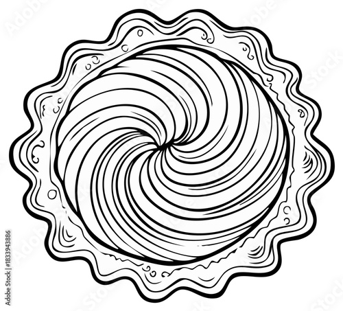 Abstract Swirl Dessert With Decorative Edging In Black And White Line Art