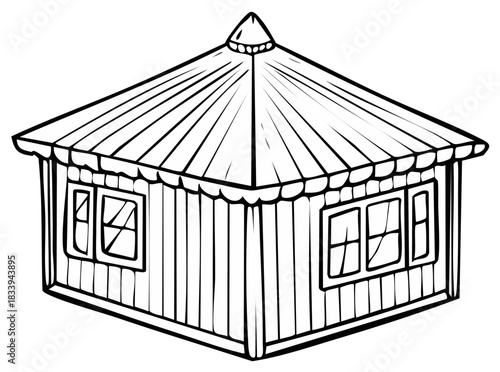 Cartoon drawing of a little wooden hut, sketch of a cabin