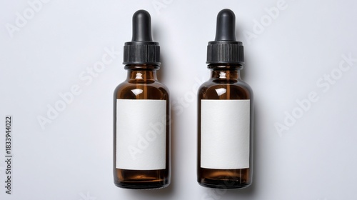 Two amber glass dropper bottles with white labels, against a plain white background, top-down
