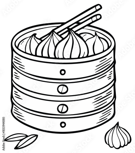 Steamed dumplings in bamboo steamer with chopsticks, Asian cuisine sketch